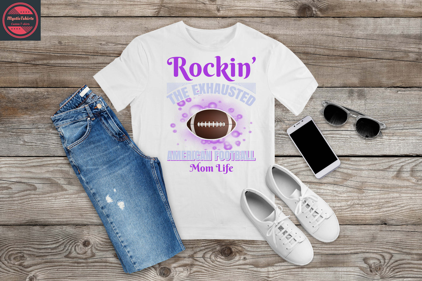 409. ROCKING THE EXHAUSTED AMERICAN FOOTBALL MOM LIFE, Custom Made Shirt, Personalized T-Shirt, Custom Text, Make Your Own Shirt, Custom Tee