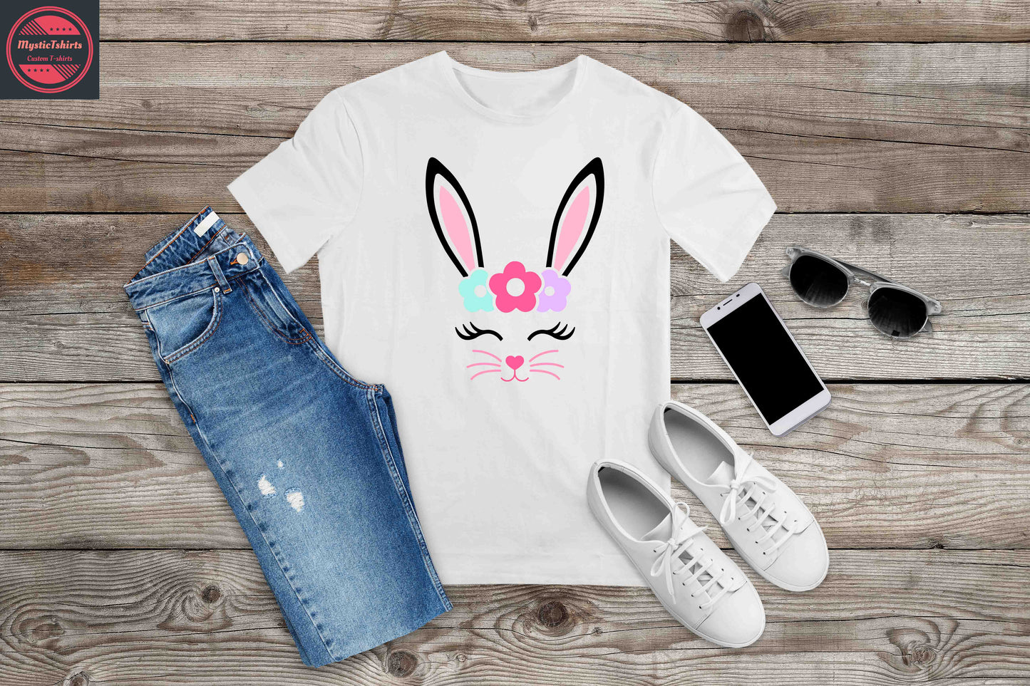 039. BUNNY FACE WITH FLOWERS, Custom Made Shirt, Personalized T-Shirt, Custom Text, Make Your Own Shirt, Custom Tee