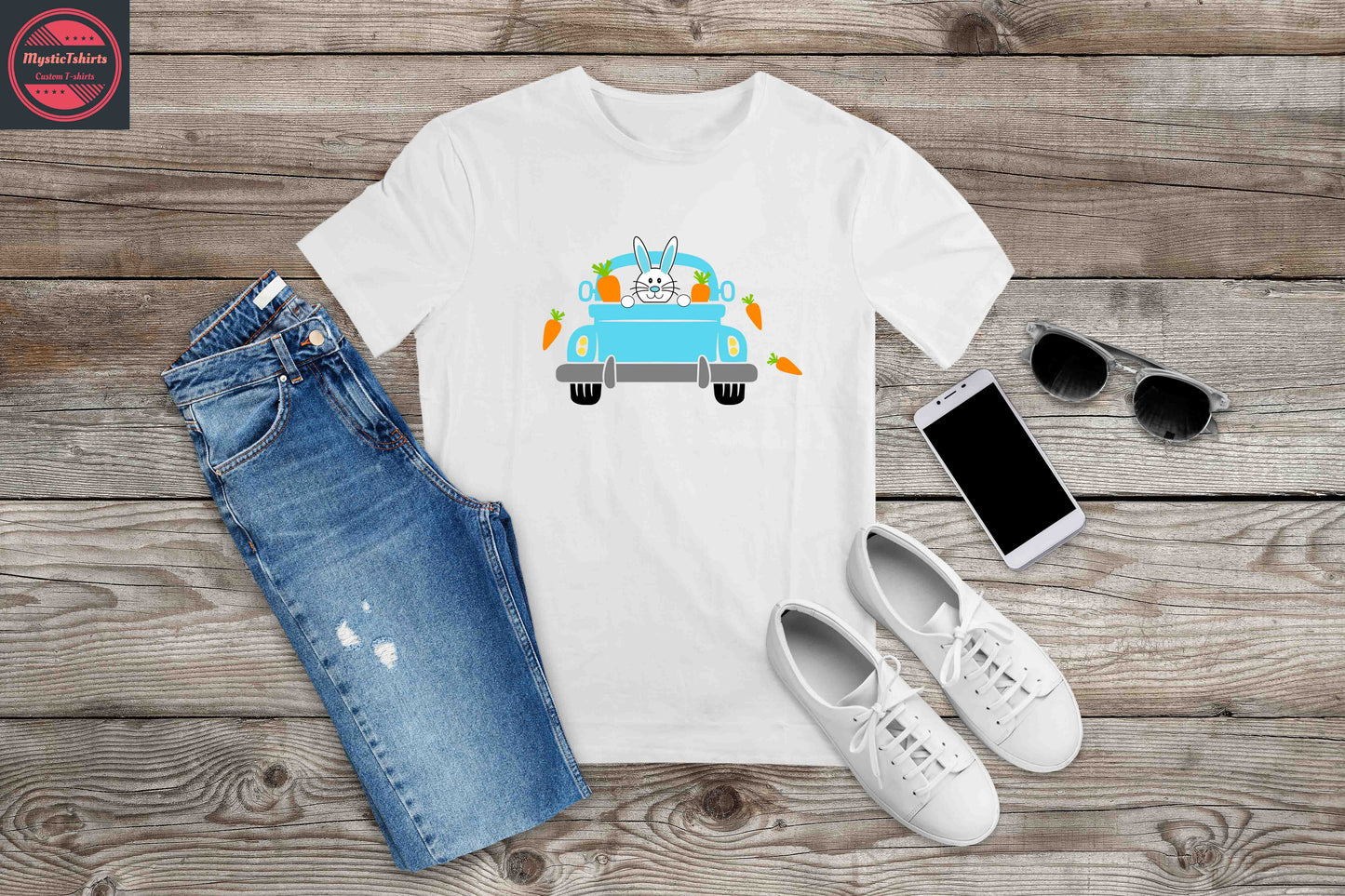041. BUNNY IN TRUCK, Custom Made Shirt, Personalized T-Shirt, Custom Text, Make Your Own Shirt, Custom Tee