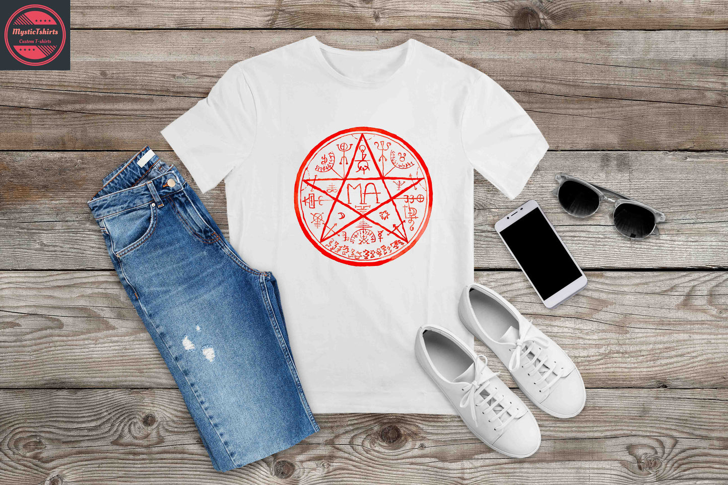 382. Mystical Seal with Pentagram in Blood Red, Custom Made Shirt, Personalized T-Shirt, Custom Text, Make Your Own Shirt, Custom Tee