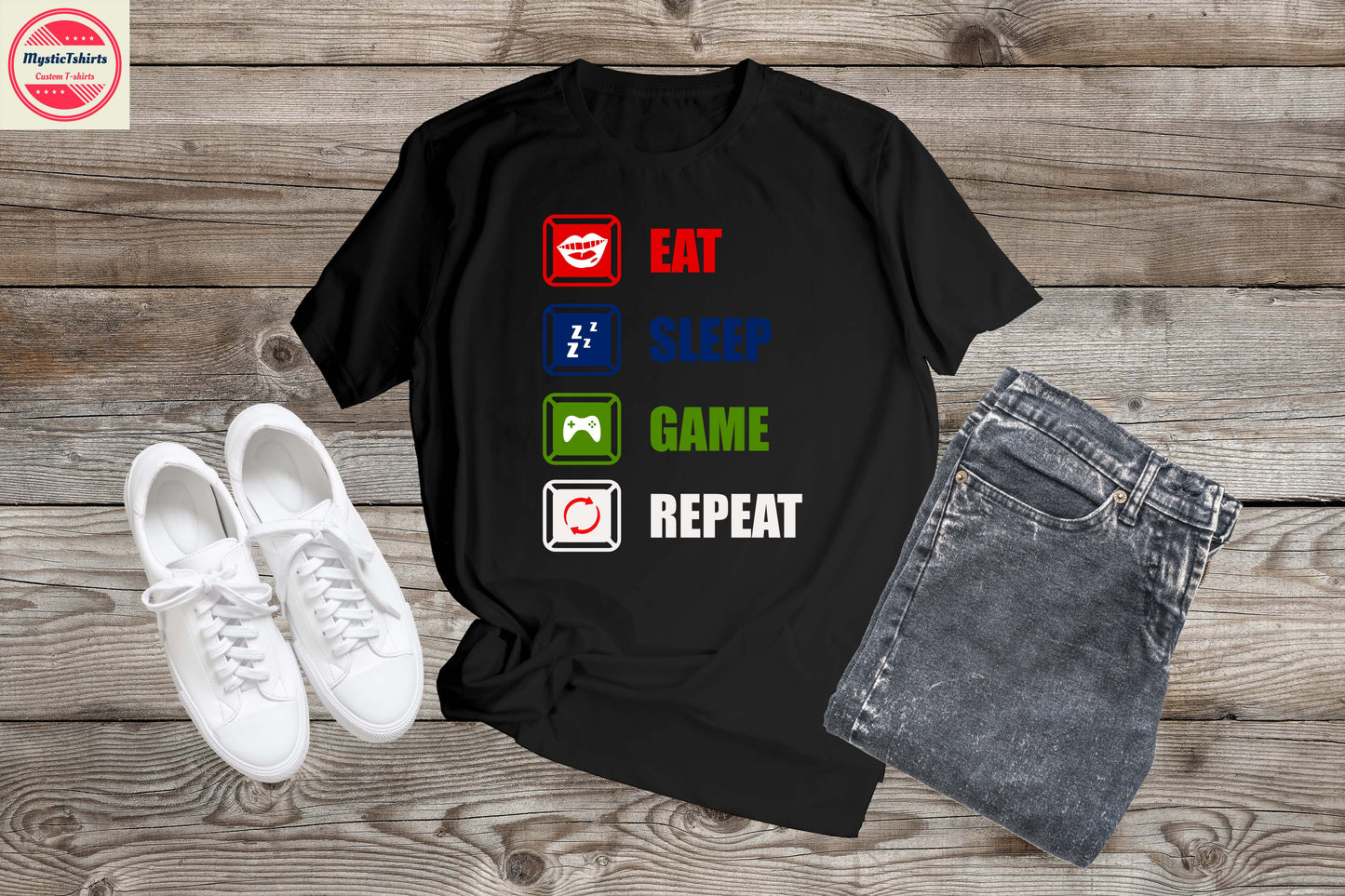 134. EAT SLEEP GAME REPEAT, Custom Made Shirt, Personalized T-Shirt, Custom Text, Make Your Own Shirt, Custom Tee