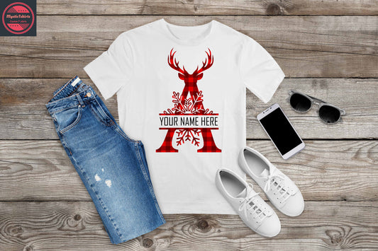 347. MONOGRAMMED RED REINDEER CHRISTMAS A, Custom Made Shirt, Personalized T-Shirt, Custom Text, Make Your Own Shirt, Custom Tee