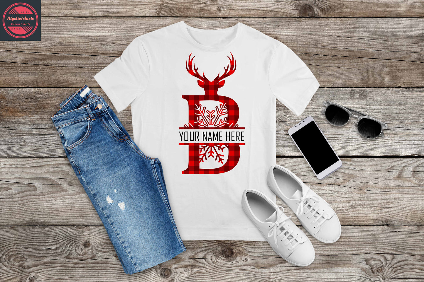 348. MONOGRAMMED RED REINDEER CHRISTMAS B, Custom Made Shirt, Personalized T-Shirt, Custom Text, Make Your Own Shirt, Custom Tee