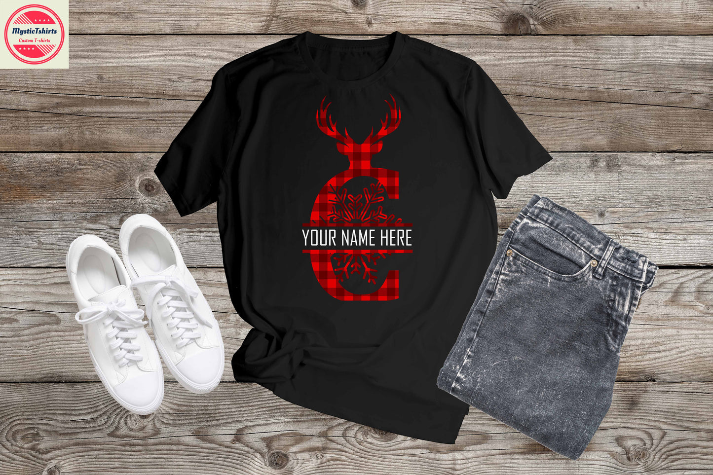 349. MONOGRAMMED RED REINDEER CHRISTMAS C, Custom Made Shirt, Personalized T-Shirt, Custom Text, Make Your Own Shirt, Custom Tee