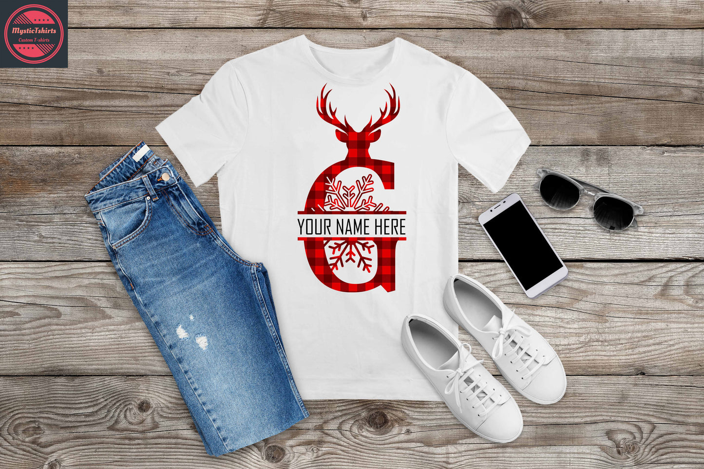 353. MONOGRAMMED RED REINDEER CHRISTMAS G, Custom Made Shirt, Personalized T-Shirt, Custom Text, Make Your Own Shirt, Custom Tee