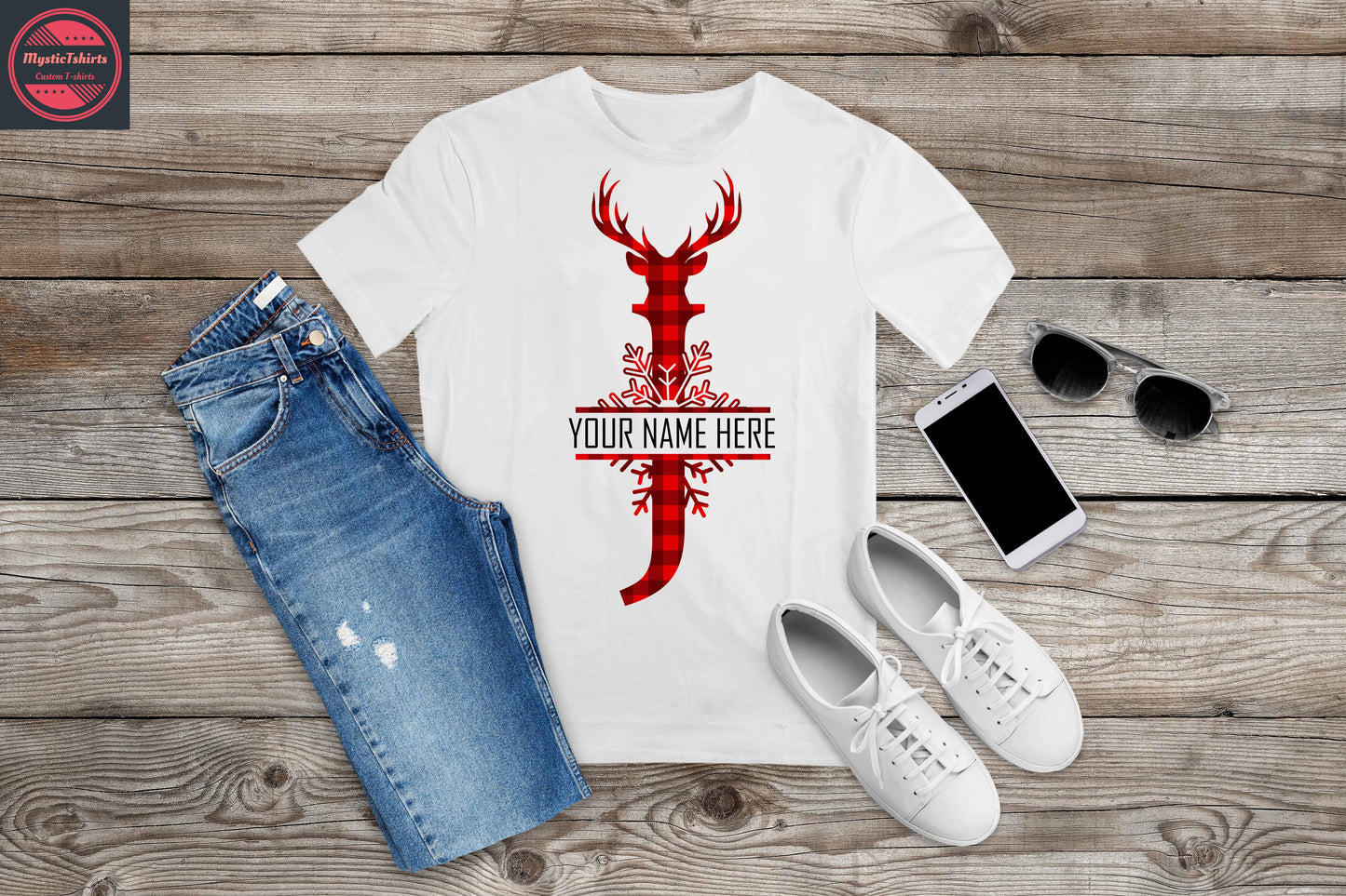 356. MONOGRAMMED RED REINDEER CHRISTMAS J, Custom Made Shirt, Personalized T-Shirt, Custom Text, Make Your Own Shirt, Custom Tee