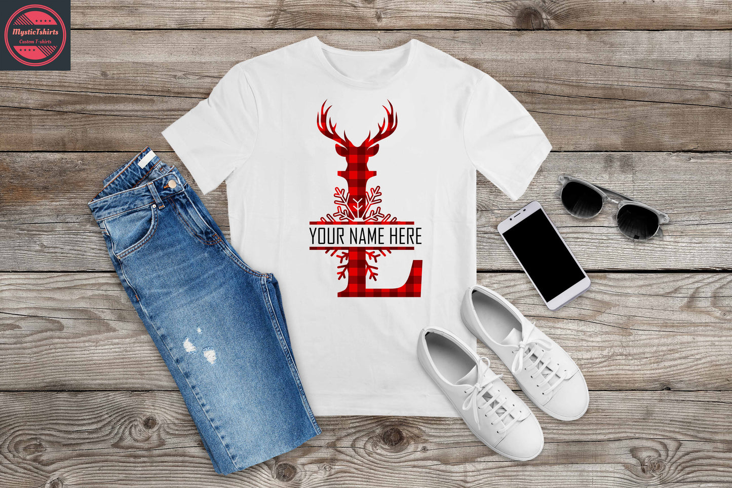 358. MONOGRAMMED RED REINDEER CHRISTMAS L, Custom Made Shirt, Personalized T-Shirt, Custom Text, Make Your Own Shirt, Custom Tee