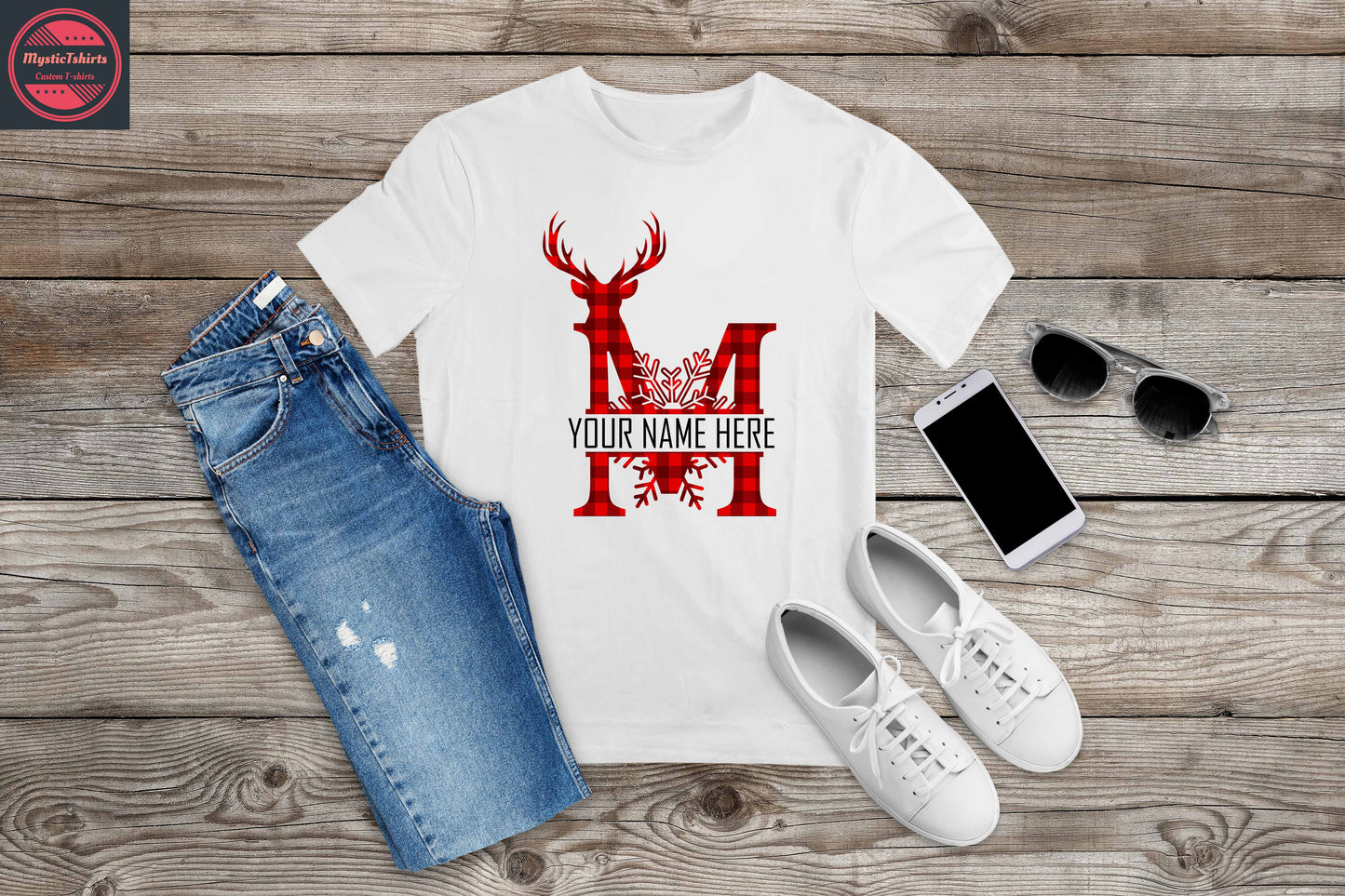 359. MONOGRAMMED RED REINDEER CHRISTMAS M, Custom Made Shirt, Personalized T-Shirt, Custom Text, Make Your Own Shirt, Custom Tee