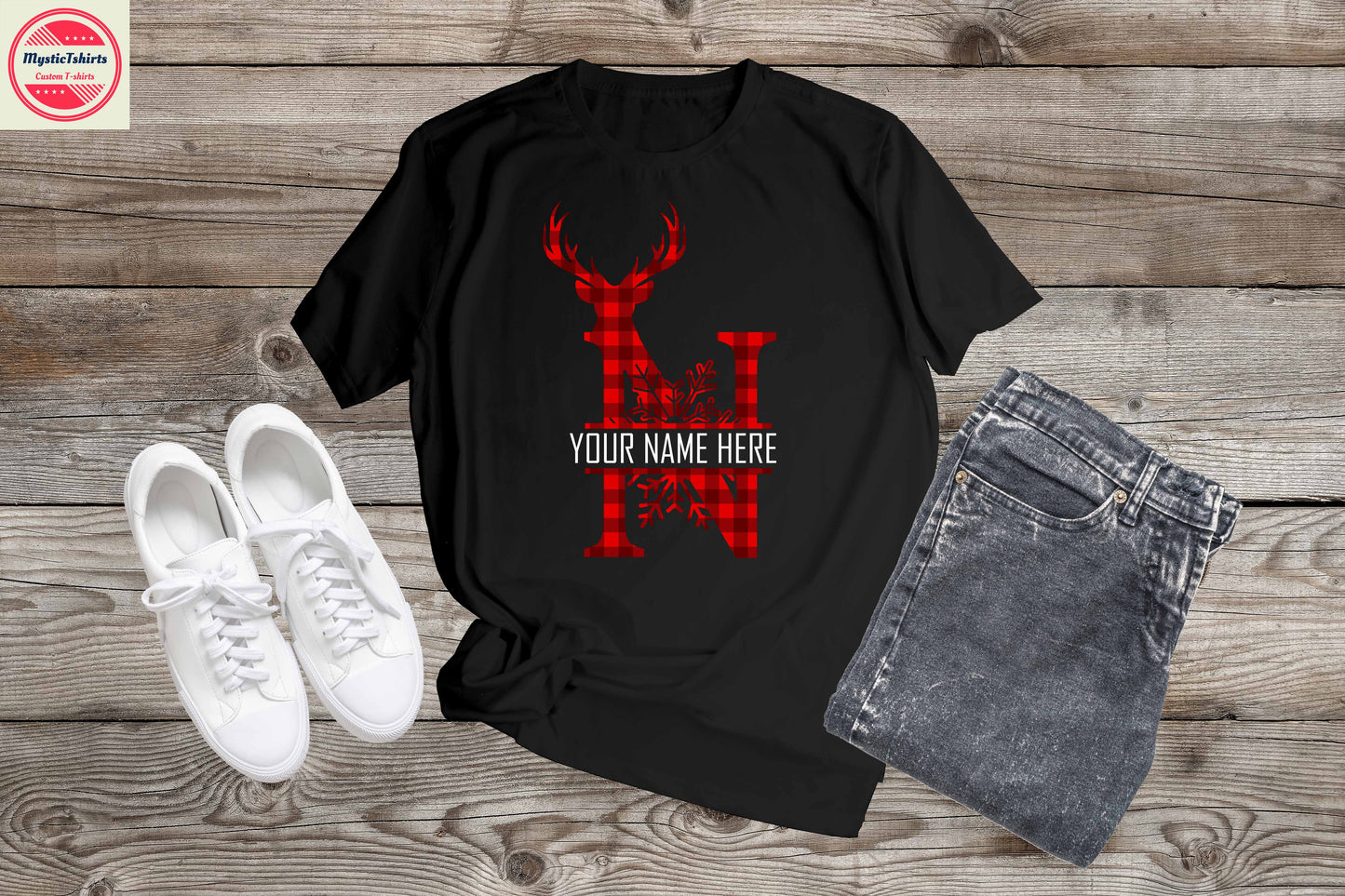 360. MONOGRAMMED RED REINDEER CHRISTMAS N, Custom Made Shirt, Personalized T-Shirt, Custom Text, Make Your Own Shirt, Custom Tee
