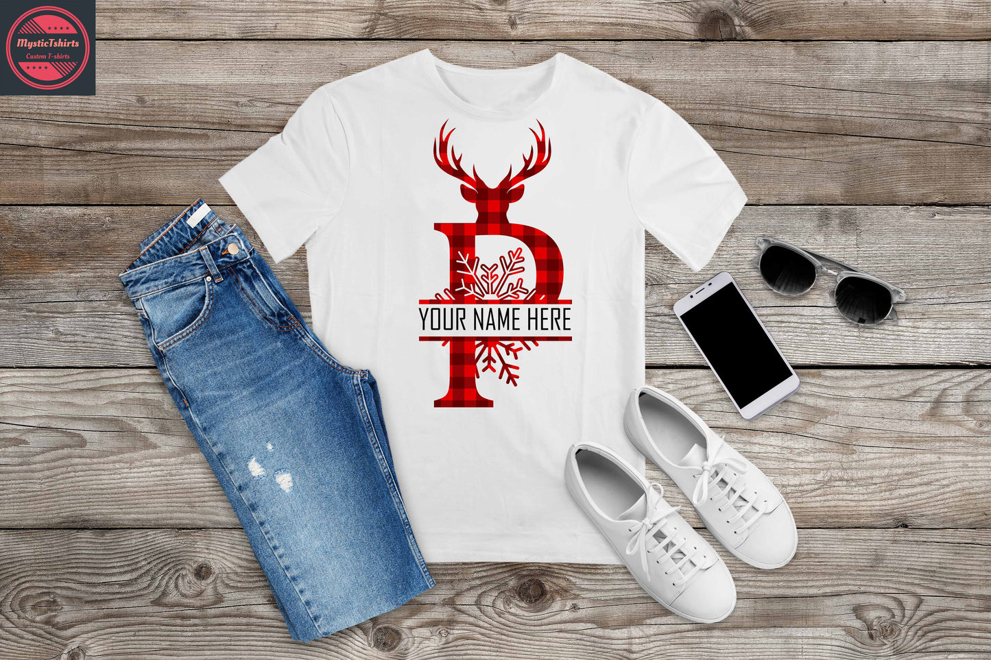 362. MONOGRAMMED RED REINDEER CHRISTMAS P, Custom Made Shirt, Personalized T-Shirt, Custom Text, Make Your Own Shirt, Custom Tee