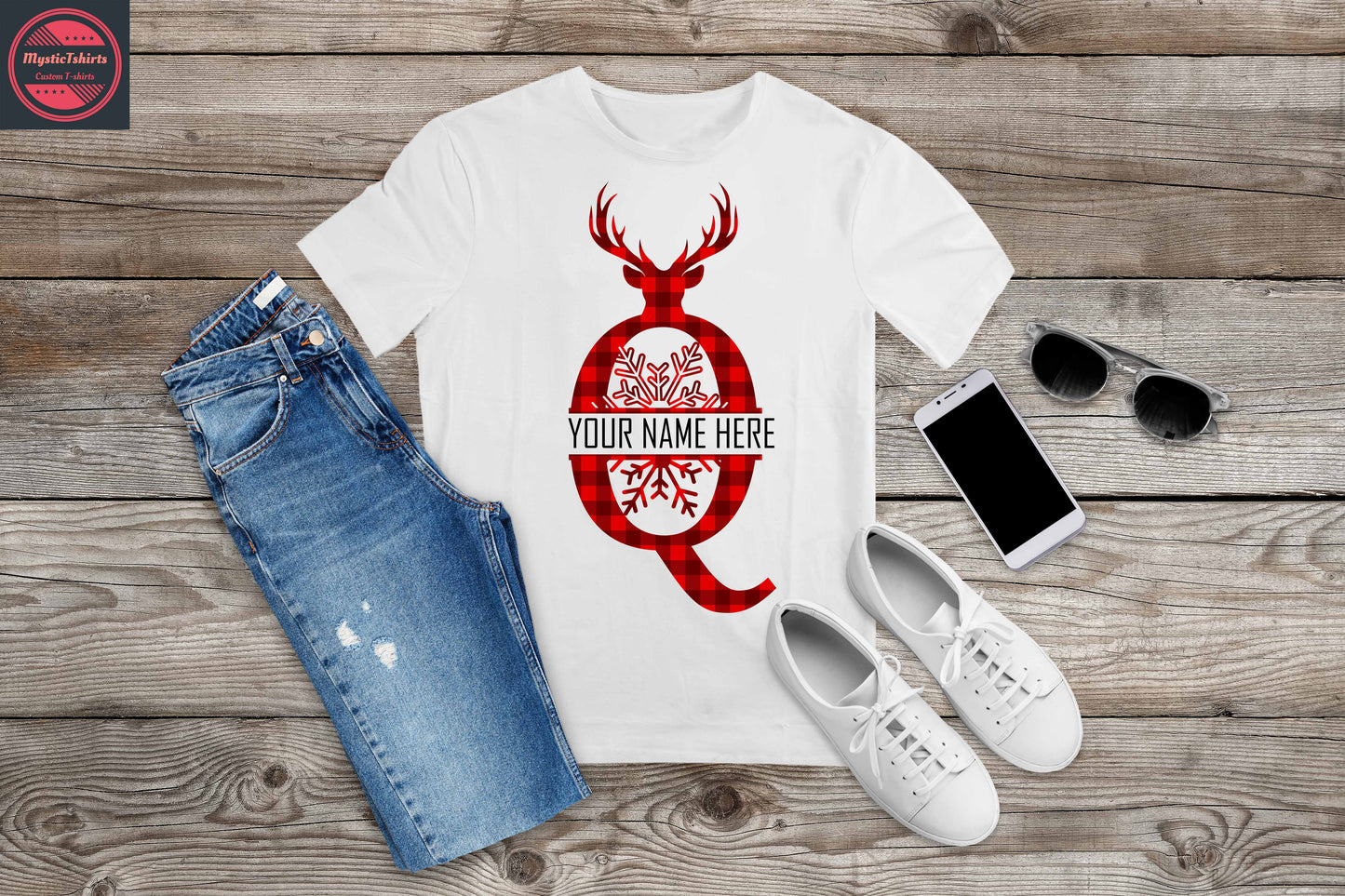 363. MONOGRAMMED RED REINDEER CHRISTMAS Q, Custom Made Shirt, Personalized T-Shirt, Custom Text, Make Your Own Shirt, Custom Tee