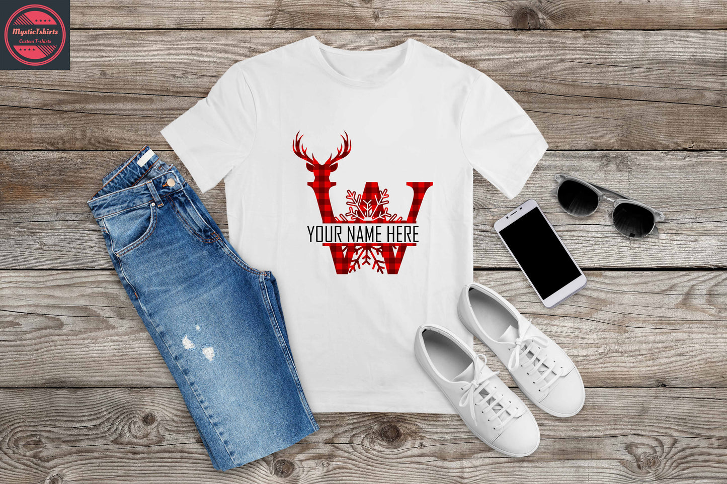 369. MONOGRAMMED RED REINDEER CHRISTMAS W, Custom Made Shirt, Personalized T-Shirt, Custom Text, Make Your Own Shirt, Custom Tee