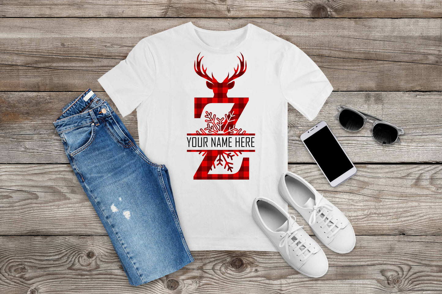 372. MONOGRAMMED RED REINDEER CHRISTMAS Z , Custom Made Shirt, Personalized T-Shirt, Custom Text, Make Your Own Shirt, Custom Tee
